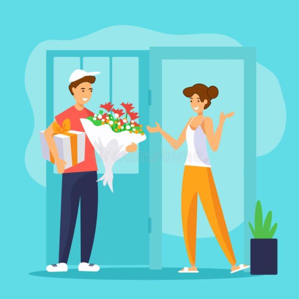 smiling delivery man handing flowers bouquet gift box to girl her home fast service door flat vector illustration 187563809